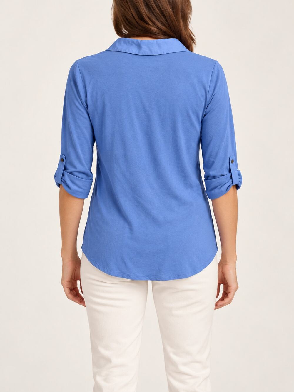 Ann Taylor Blue Mixed Media Popover Roll Tab Sleeves Size S